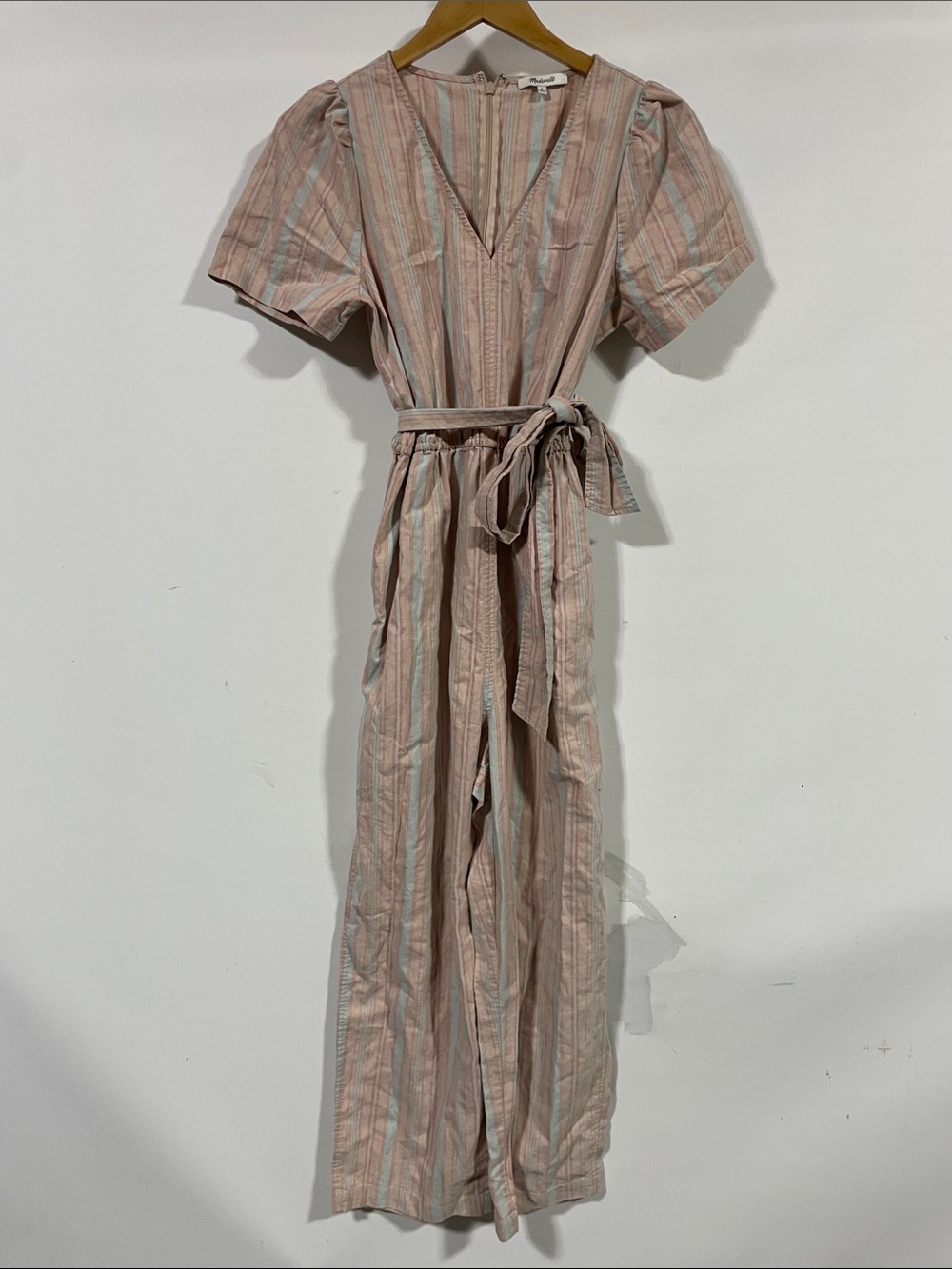 Madewell Pink & Cream Striped Midi Jumpsuit with Tie Waist